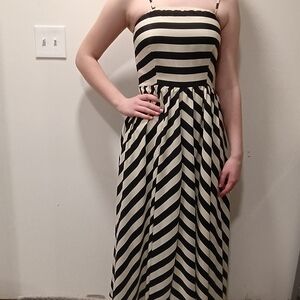Covet Black and Cream Striped Strapless Maxi Dress